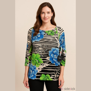 Rafaella Black & White Striped Long-Sleeve Top with Blue and Green Floral Print